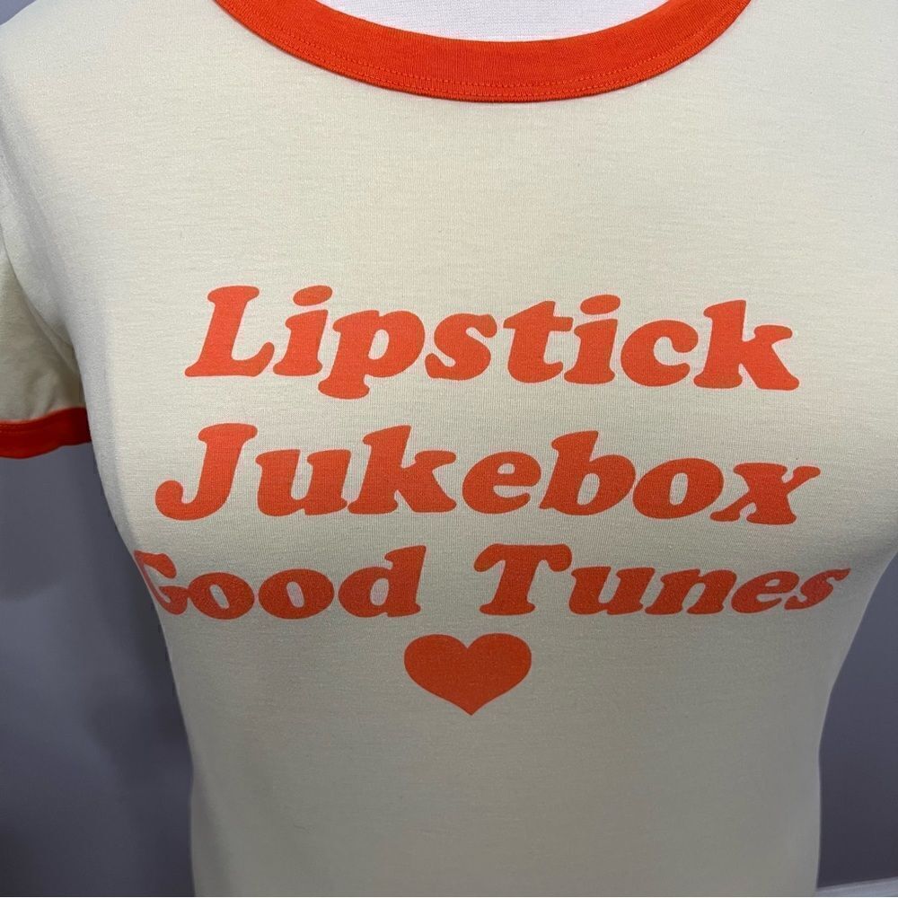 Lularoe "Lipstick, Juke Box, Good Tunes" Cream/Orange T-shirt -- L - Picture 6 of 13